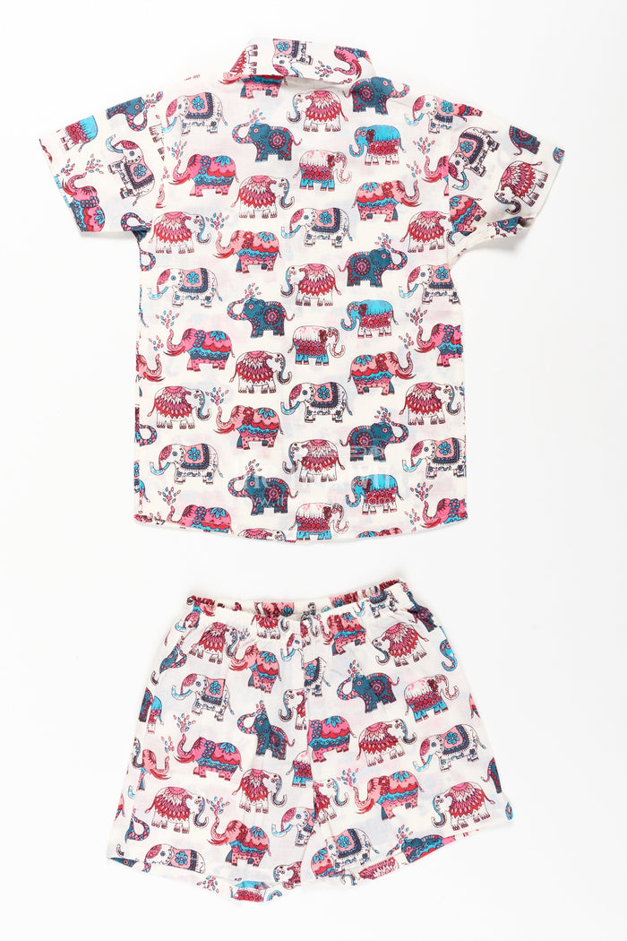 The Nesavu Boys Casual Set Boys Cute Casual Clothes with Pink and Blue Elephant Motifs for Playful Comfort and Style Nesavu Nesavu Boys Cute Casual Clothes Pink Blue Elephant Print Shirt Shorts Cotton