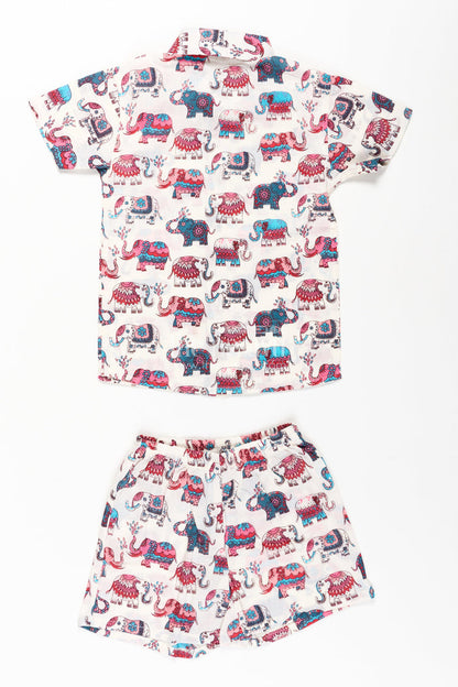 The Nesavu Boys Casual Set Boys Cute Casual Clothes with Pink and Blue Elephant Motifs for Playful Comfort and Style Nesavu Nesavu Boys Cute Casual Clothes Pink Blue Elephant Print Shirt Shorts Cotton