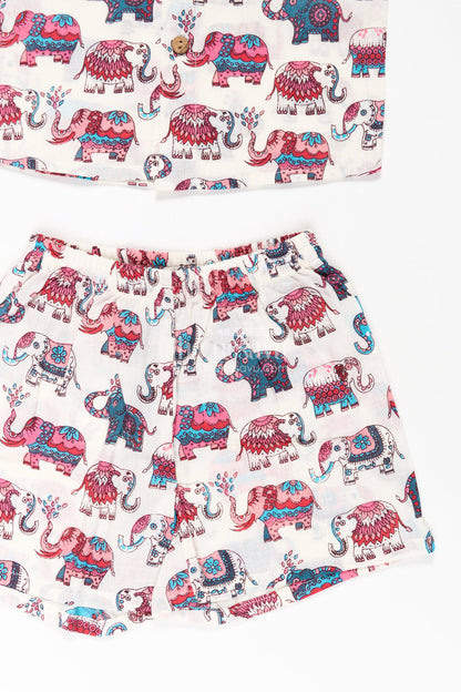 The Nesavu Boys Casual Set Boys Cute Casual Clothes with Pink and Blue Elephant Motifs for Playful Comfort and Style Nesavu Nesavu Boys Cute Casual Clothes Pink Blue Elephant Print Shirt Shorts Cotton