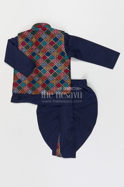 The Nesavu Boys Dothi Set Boys Dhoti Set for Festive Occasions and Traditional Functions Nesavu Nesavu boys silk cotton dhoti set with embroidered jacket for festive occasions