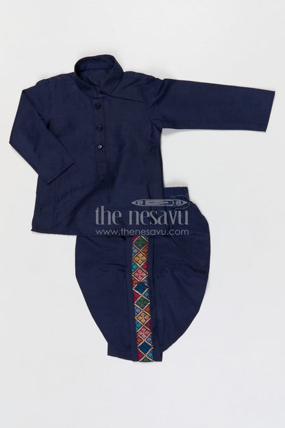 The Nesavu Boys Dothi Set Boys Dhoti Set for Festive Occasions and Traditional Functions Nesavu Nesavu boys silk cotton dhoti set with embroidered jacket for festive occasions
