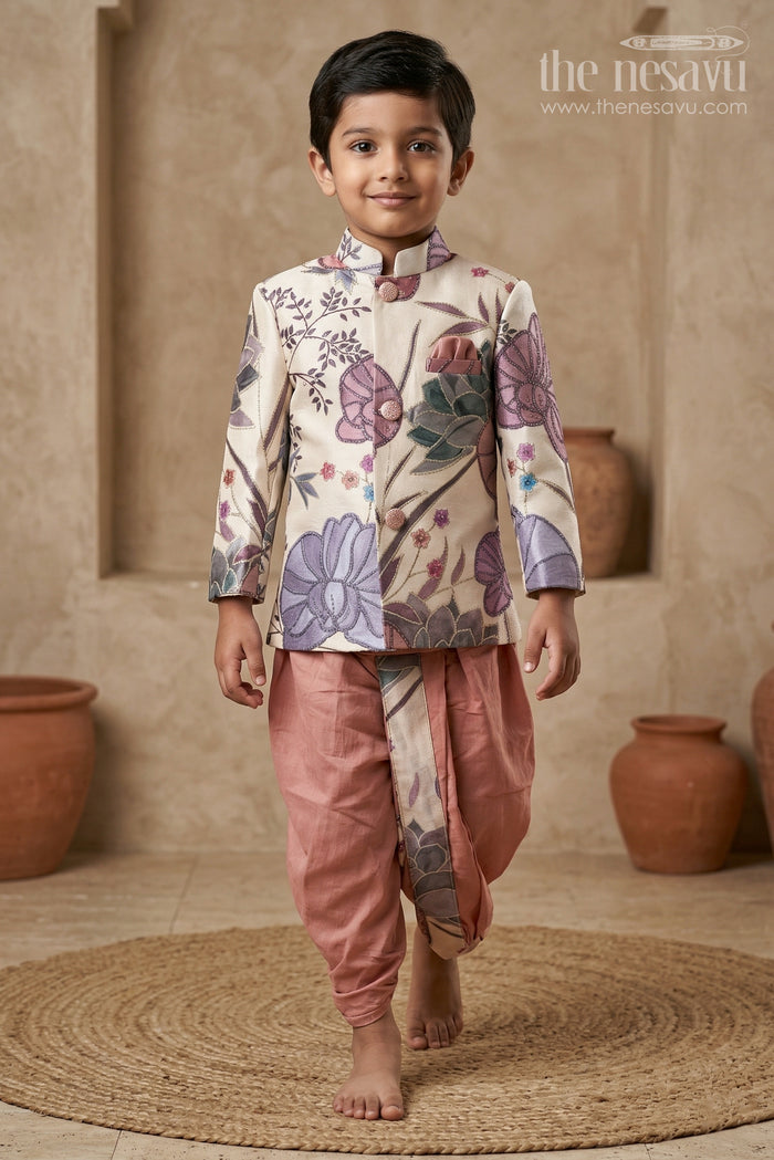 The Nesavu Boys Dothi Set Boys Dhoti Set for Festive Wear and Traditional Functions Nesavu 14 (6M) / Cream / Viscose BES966B-14 Nesavu Boys Dhoti Set In Viscose Silk With Digital Print For Festive Wear And Traditional Functions In Cream
