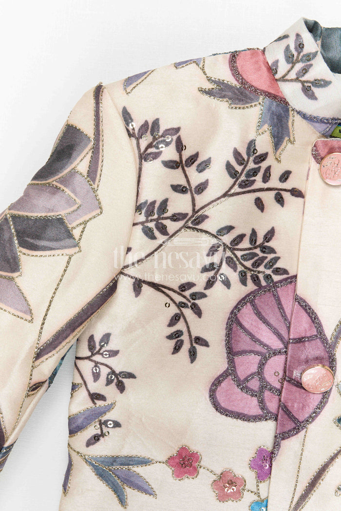 The Nesavu Boys Dothi Set Boys Dhoti Set for Festive Wear and Traditional Functions Nesavu Nesavu Boys Dhoti Set In Viscose Silk With Digital Print For Festive Wear And Traditional Functions In Cream