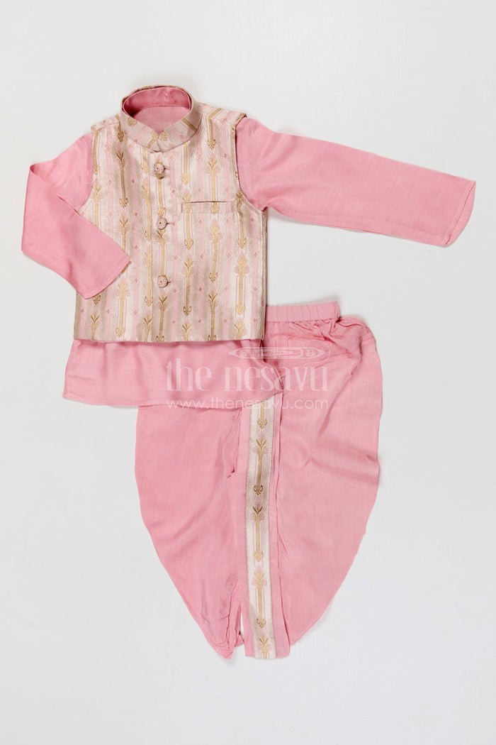 The Nesavu Boys Dothi Set Boys Dhoti Set for Naming Ceremony and Festive Occasions Nesavu 12 (3M) / Pink / Cotton Silk BES952A-12 Nesavu boys silk cotton dhoti set with designer jacket for naming ceremony and festive wear