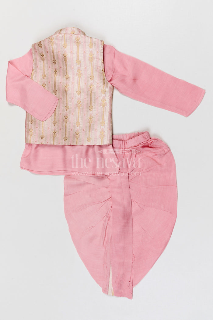 The Nesavu Boys Dothi Set Boys Dhoti Set for Naming Ceremony and Festive Occasions Nesavu Nesavu boys silk cotton dhoti set with designer jacket for naming ceremony and festive wear