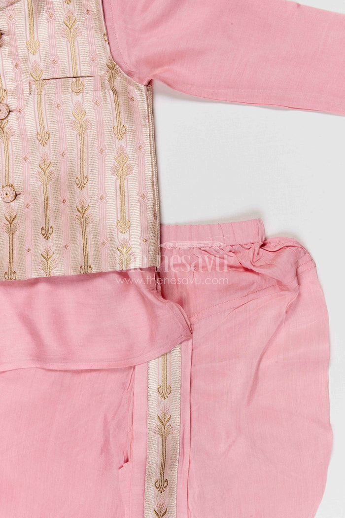 The Nesavu Boys Dothi Set Boys Dhoti Set for Naming Ceremony and Festive Occasions Nesavu Nesavu boys silk cotton dhoti set with designer jacket for naming ceremony and festive wear