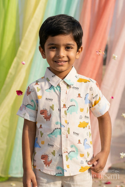 The Nesavu Boys Cotton Shirt Boys Dinosaur Print Cotton Shirt for Casual Outings and Playtime Nesavu 14 (6M) / Cream / Cotton BS427A-14 Nesavu boys cotton dinosaur print shirt for casual outings playful everyday kids wear