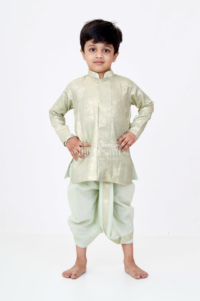 The Nesavu Boys Dothi Set Boys Dothi Set with Gold-Toned Embroidered Kurta and Green Dothi for Traditional Ceremonies Nesavu Nesavu Boys Gold-Toned Kurta Green Dothi Set Traditional Events Special Occasions