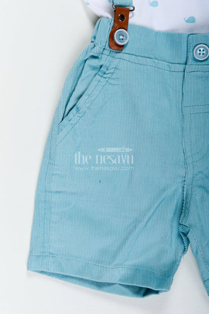 The Nesavu Boys Casual Set Boys Dress Set with Bow Tie in Mint Green Shorts and Nautical Print Polo for Smart Casual Wear Nesavu Nesavu Boys Dress Set Bow Tie Mint Green Corduroy Shorts Stylish Daywear Looks
