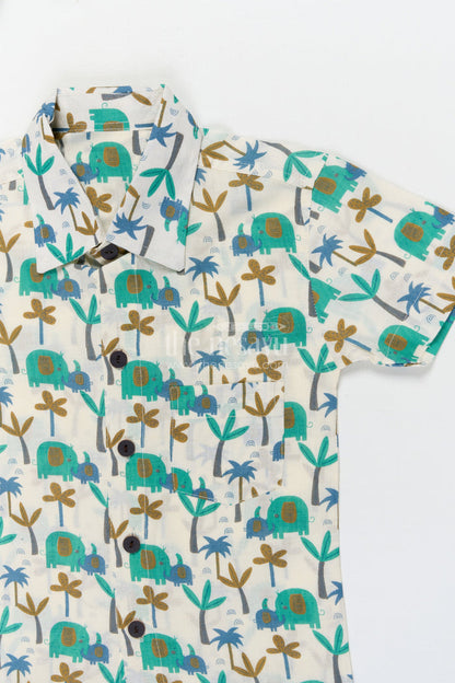 The Nesavu Boys Cotton Shirt Boys Elephant Print Cotton Shirt for Day Trips and Casual Wear Nesavu Nesavu boys cotton shirt with elephant print for summer outings and zoo day adventures