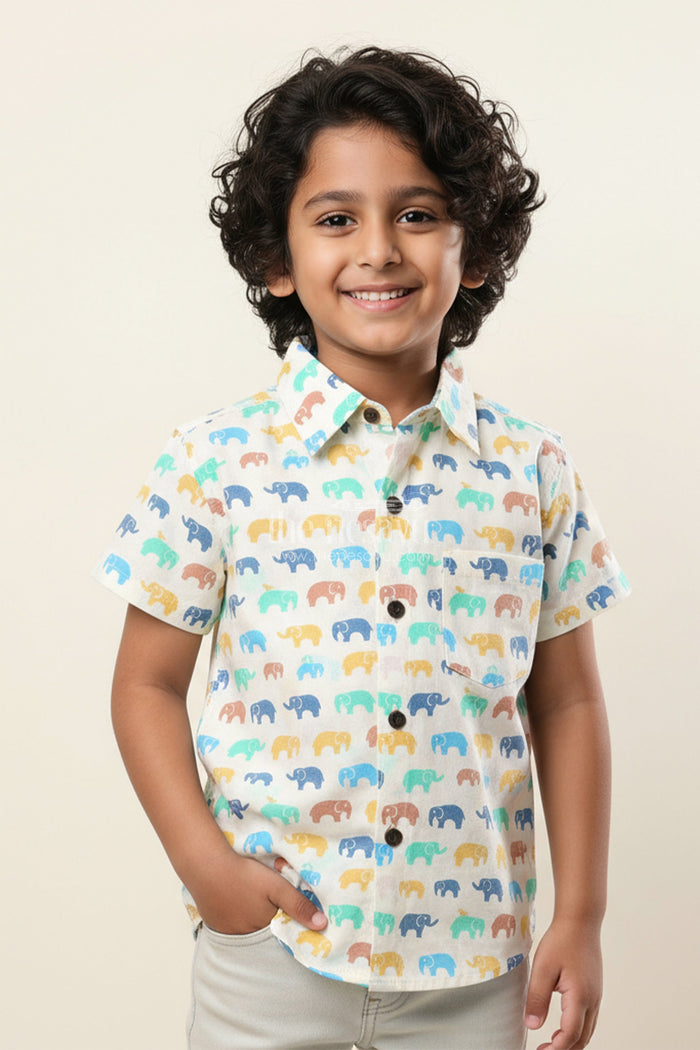 The Nesavu Boys Cotton Shirt Boys Elephant Print Shirt in Pastel Cotton for Festive and Everyday Wear Nesavu 20 (3Y) / Multicolor BS319A-20 Nesavu boys pastel elephant print cotton shirt  festive lightweight summer events