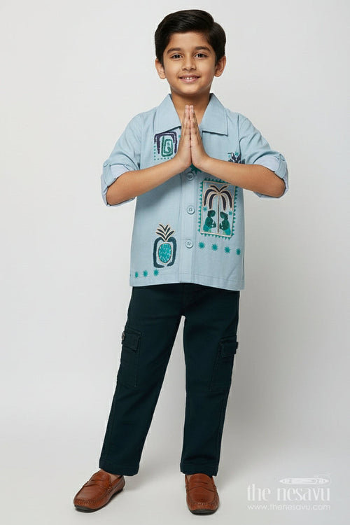 The Nesavu Boys Casual Set Boys Embroidered Casual Shirt and Pant Set for Playful Dressing Nesavu 16 (1Y) / Green BCS495A-16 Nesavu boys tribal embroidery cotton casual set utility pants everyday adventures