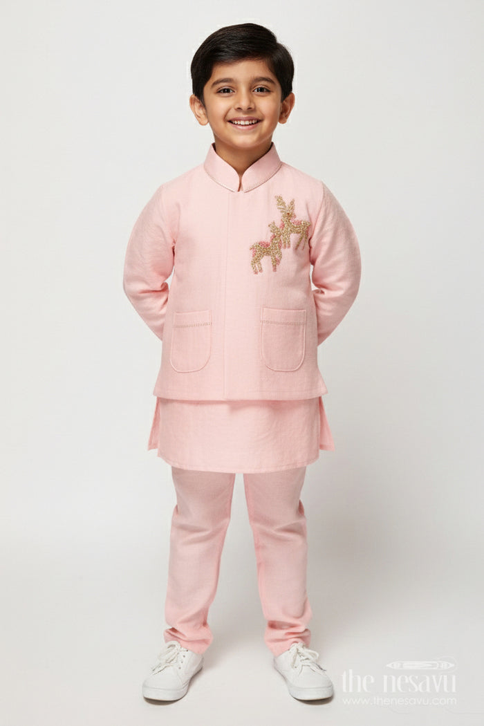 The Nesavu Boys Jacket Sets Boys Embroidered Jacket Kurta Set for Weddings and Festive Functions Nesavu 16 (1Y) / Peach BES737A-16 Nesavu boys embroidered jacket kurta set weddings receptions ethnic family events