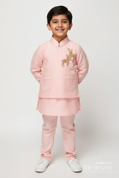 The Nesavu Boys Jacket Sets Boys Embroidered Jacket Kurta Set for Weddings and Festive Functions Nesavu 16 (1Y) / Peach BES737A-16 Nesavu boys embroidered jacket kurta set weddings receptions ethnic family events