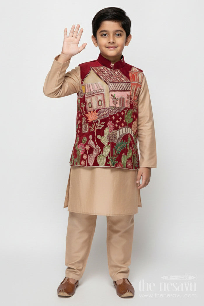 The Nesavu Boys Jacket Sets Boys Embroidered Jacket Set for Festive Functions and Wedding Receptions Nesavu 18 (2Y) / Brown BES844A-18 Nesavu boys jacket kurta set with embroidered Nehru jacket for festive occasions and wedding wear