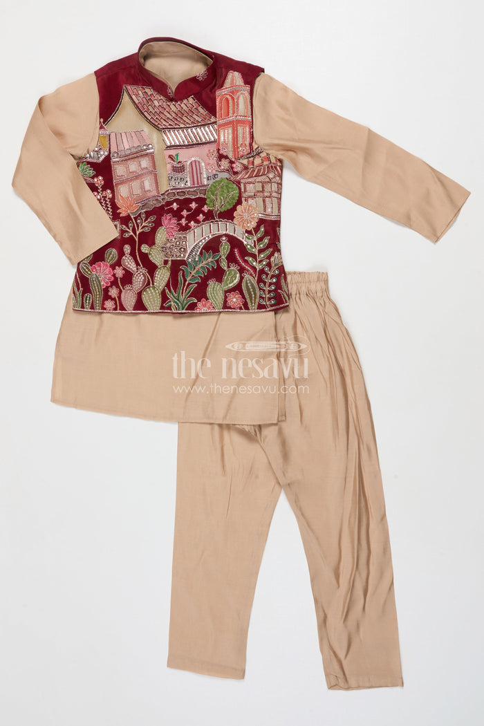 The Nesavu Boys Jacket Sets Boys Embroidered Jacket Set for Festive Functions and Wedding Receptions Nesavu 18 (2Y) / Brown BES844A-18 Nesavu boys jacket kurta set with embroidered Nehru jacket for festive occasions and wedding wear