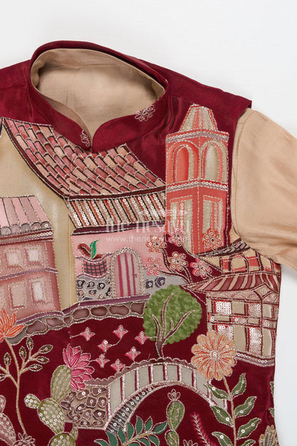 The Nesavu Boys Jacket Sets Boys Embroidered Jacket Set for Festive Functions and Wedding Receptions Nesavu Nesavu boys jacket kurta set with embroidered Nehru jacket for festive occasions and wedding wear