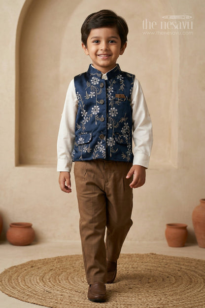 The Nesavu Boys Jacket Sets Boys Embroidered Jacket Set for Weddings and Festive Celebrations Nesavu 16 (1Y) / Blue / Cotton BES958B-16 Nesavu boys cotton cambric embroidered jacket set for weddings family celebrations and festive occasions