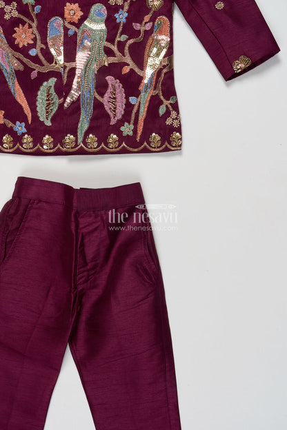 The Nesavu Boys Kurtha Set Boys Embroidered Kurta Set with Bird Motif for Festive Performances and Weddings Nesavu Nesavu boys kurta set embroidered bird motif weddings festive performances