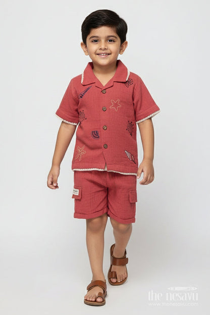 The Nesavu Boys Casual Set Boys Embroidered Muslin Cotton Short Set  Festive Casual Wear Nesavu 16 (1Y) / Pink BCS489A-16 Nesavu boys muslin cotton festive outfit thread embroidery  shirt shorts set