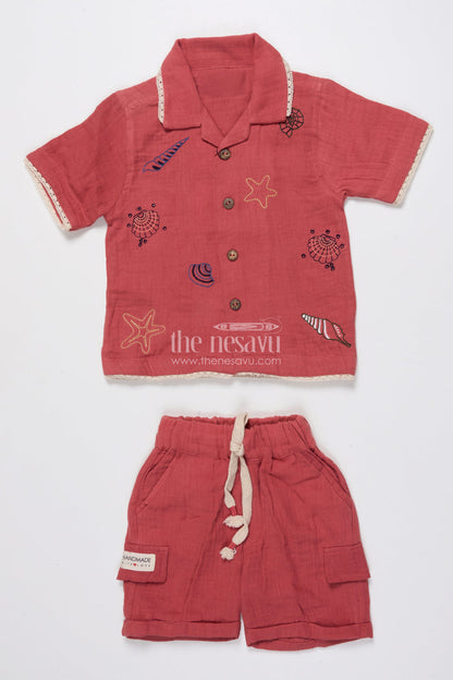 The Nesavu Boys Casual Set Boys Embroidered Muslin Cotton Short Set  Festive Casual Wear Nesavu 16 (1Y) / Pink BCS489A-16 Nesavu boys muslin cotton festive outfit thread embroidery  shirt shorts set