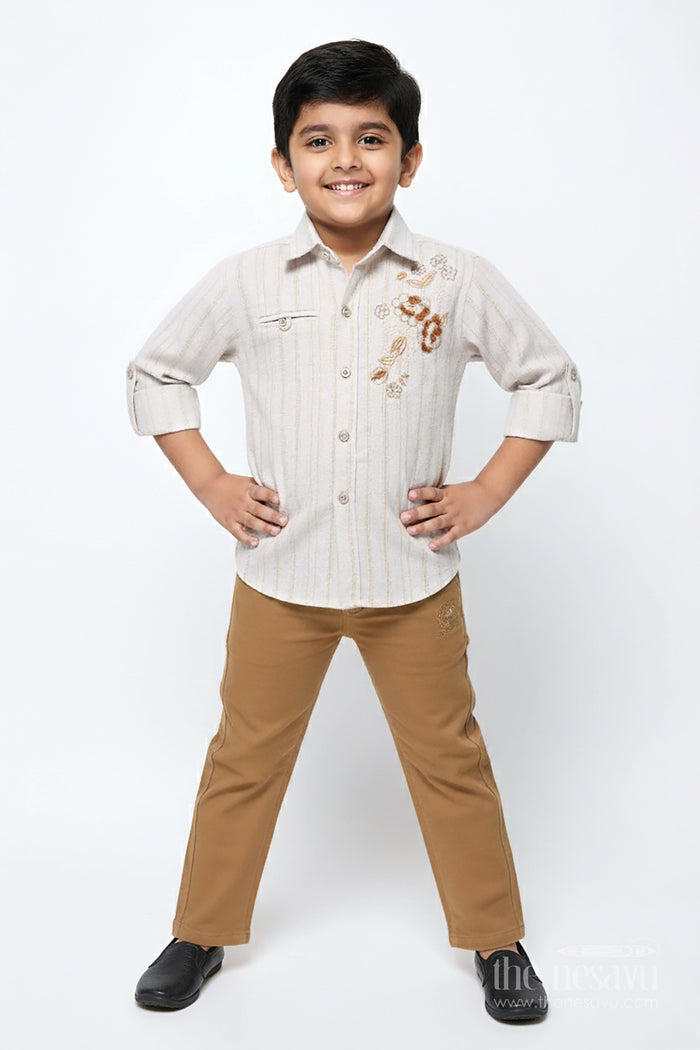 The Nesavu Boys Casual Set Boys Embroidered Shirt and Pant Set for Smart Casual and Festive Wear Nesavu 20 (3Y) / Cream BCS467A-20 Nesavu boys cotton shirt pant set embroidery casual festive occasions