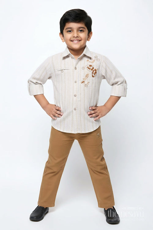 The Nesavu Boys Casual Set Boys Embroidered Shirt and Pant Set for Smart Casual and Festive Wear Nesavu 20 (3Y) / Cream BCS467A-20 Nesavu boys cotton shirt pant set embroidery casual festive occasions