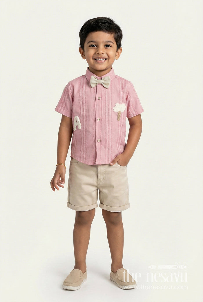 The Nesavu Boys Casual Set Boys Embroidered Shirt and Shorts Outfit for Birthdays and Family Events Nesavu 14 (6M) / Peach BCS447B-14 Nesavu boys embroidered cotton outfit bow tie birthdays casual family events