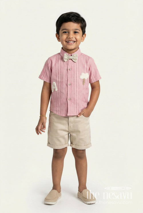 The Nesavu Boys Casual Set Boys Embroidered Shirt and Shorts Outfit for Birthdays and Family Events Nesavu 14 (6M) / Peach BCS447B-14 Nesavu boys embroidered cotton outfit bow tie birthdays casual family events
