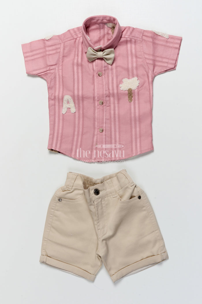 The Nesavu Boys Casual Set Boys Embroidered Shirt and Shorts Outfit for Birthdays and Family Events Nesavu 14 (6M) / Peach BCS447B-14 Nesavu boys embroidered cotton outfit bow tie birthdays casual family events