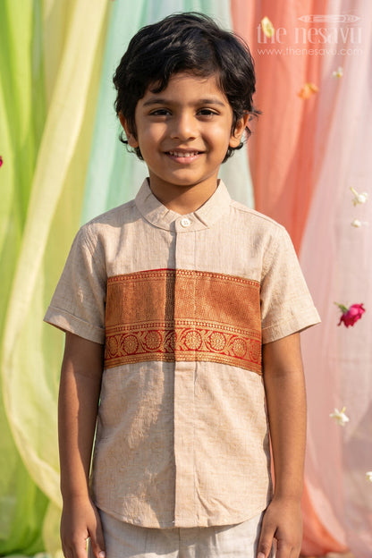 The Nesavu Boys Cotton Shirt Boys Ethnic Cotton Shirt for Pooja Functions and Traditional Styling Nesavu 16 (1Y) / Beige / Cotton BS495A-16 Nesavu Boys Ethnic Cotton Shirt With Baithani Border For Pooja Functions And Festive Wear