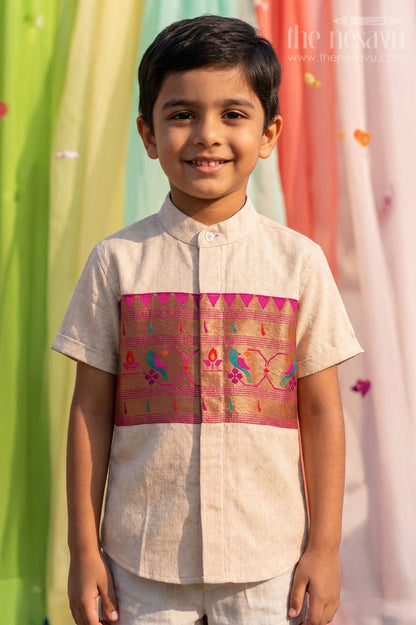 The Nesavu Boys Cotton Shirt Boys Ethnic Cotton Shirt with Baithani Border for Festive Occasions Nesavu 16 (1Y) / Beige / Cotton BS491A-16 Nesavu Boys Cotton Shirt With Baithani Border For Festive Occasions And Ethnic Wear