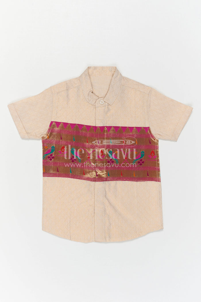 The Nesavu Boys Cotton Shirt Boys Ethnic Cotton Shirt with Baithani Border for Festive Occasions Nesavu Nesavu Boys Cotton Shirt With Baithani Border For Festive Occasions And Ethnic Wear