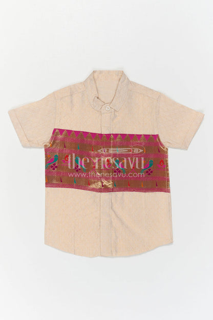 The Nesavu Boys Cotton Shirt Boys Ethnic Cotton Shirt with Baithani Border for Festive Occasions Nesavu Nesavu Boys Cotton Shirt With Baithani Border For Festive Occasions And Ethnic Wear