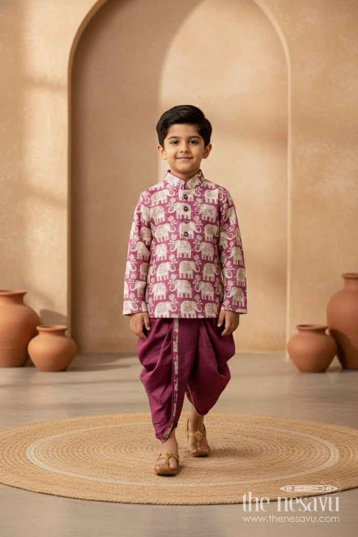 The Nesavu Boys Dothi Set Boys Ethnic Dhoti Kurta Set for Temple Visits and Festive Wear Nesavu 12 (3M) / Purple / Silk Blend BES948A-12 Nesavu boys embroidered dhoti kurta set for temple visits and traditional festivals