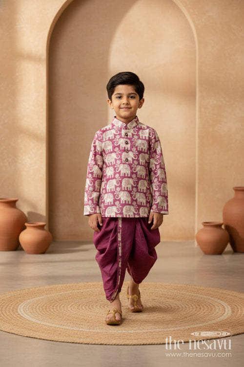 The Nesavu Boys Dothi Set Boys Ethnic Dhoti Kurta Set for Temple Visits and Festive Wear Nesavu 12 (3M) / Purple / Silk Blend BES948A-12 Nesavu boys embroidered dhoti kurta set for temple visits and traditional festivals