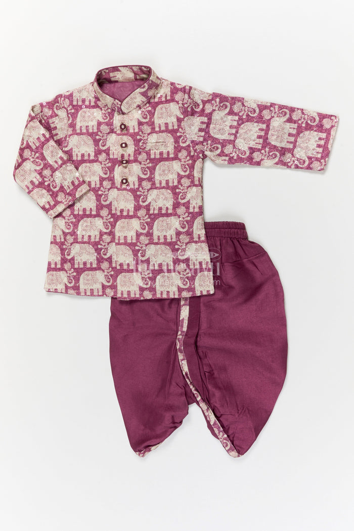 The Nesavu Boys Dothi Set Boys Ethnic Dhoti Kurta Set for Temple Visits and Festive Wear Nesavu 12 (3M) / Purple / Silk Blend BES948A-12 Nesavu boys embroidered dhoti kurta set for temple visits and traditional festivals