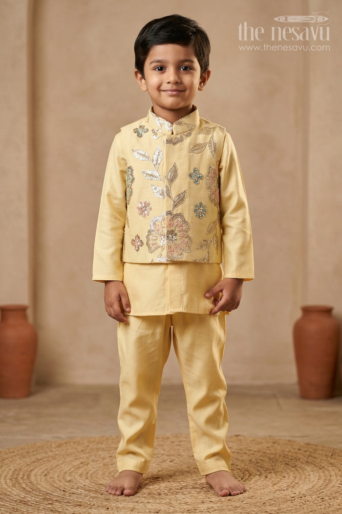 The Nesavu Boys Jacket Sets Boys Ethnic Jacket Set for Temple and Festive Celebrations Nesavu 16 (1Y) / Yellow / Viscose BES978A-16 Nesavu Boys Yellow Jacket Set With Sequence Embroidery In Viscose Silk For Weddings And Festive Wear