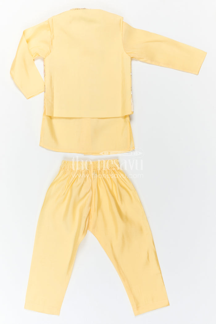 The Nesavu Boys Jacket Sets Boys Ethnic Jacket Set for Temple and Festive Celebrations Nesavu Nesavu Boys Yellow Jacket Set With Sequence Embroidery In Viscose Silk For Weddings And Festive Wear