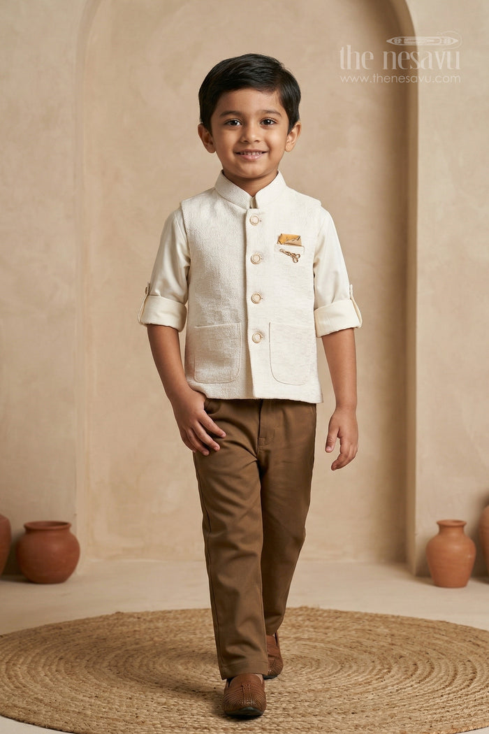 The Nesavu Boys Jacket Sets Boys Ethnic Jacket Set for Weddings and Party Nesavu 16 (1Y) / Half white / Silk BES975A-16 Nesavu boys ethnic jacket set for weddings and festive occasions with designer embroidery and comfortable fit
