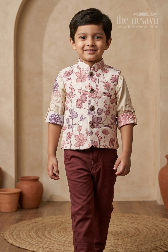 The Nesavu Boys Jacket Sets Boys Ethnic Jacket Suit for Weddings and Festive Family Gatherings Nesavu 14 (6M) / Red / Viscose BES967B-14 Nesavu boys viscose blend jacket suit with designer jacket for weddings and festive occasions