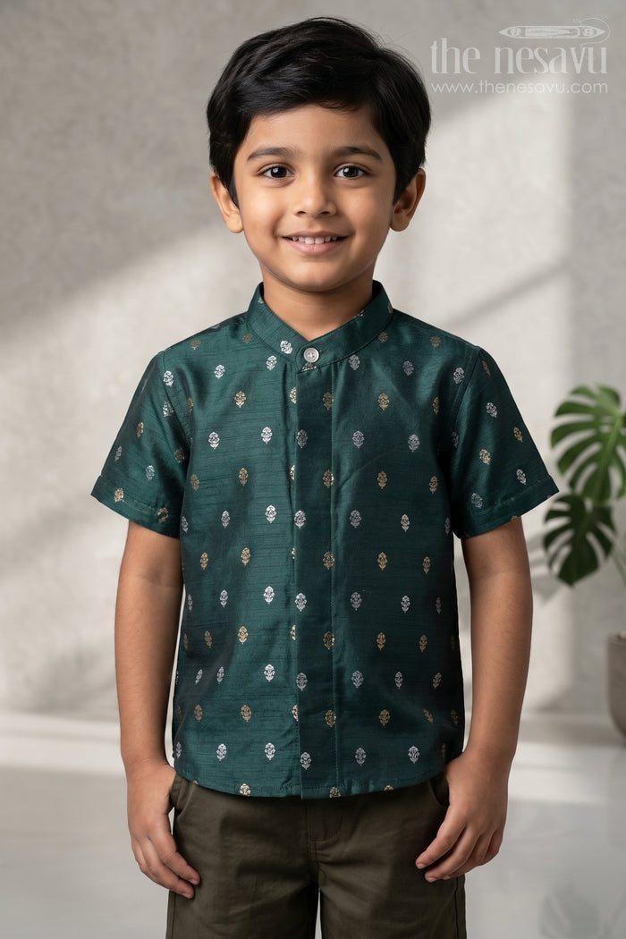 The Nesavu Boys Silk Shirt Boys Ethnic Silk Shirt for Festive Traditions and Temple Celebrations Nesavu 16 (1Y) / Green / Raw Silk BS504B-16 Nesavu Boys Raw Silk Shirt With Jacquard Butta Weave For Festive Traditions And Weddings