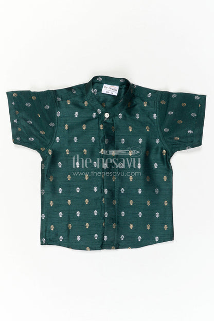 The Nesavu Boys Silk Shirt Boys Ethnic Silk Shirt for Festive Traditions and Temple Celebrations Nesavu Nesavu Boys Raw Silk Shirt With Jacquard Butta Weave For Festive Traditions And Weddings