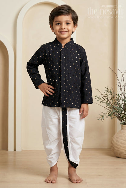 The Nesavu Boys Dothi Set Boys Festive Dothi Set for Traditional Family Occasions Nesavu 10 (NB) / Black / Viscose Silk BES1020C-10 Nesavu Boys Festive Dothi Set With Foil Motif Kurta For Traditional Family Celebrations