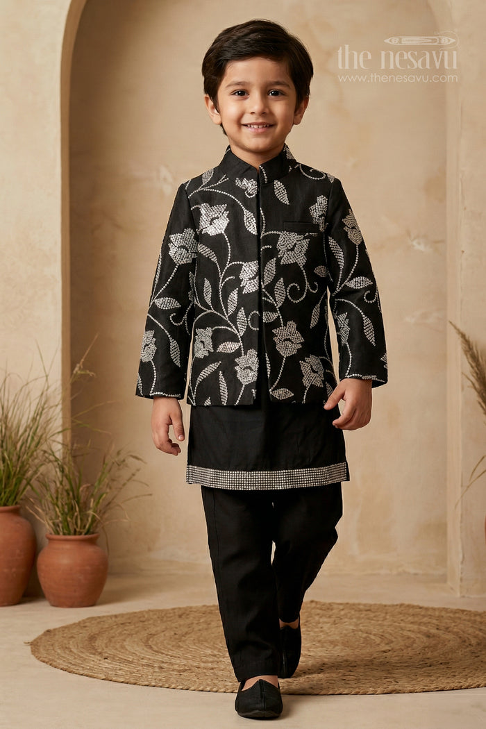 The Nesavu Boys Jacket Sets Boys Festive Kurta Jacket Set for Weddings and Celebrations Nesavu 16 (1Y) / Black / Cotton Silk BES960A-16 Nesavu boys silk cotton embroidered kurta jacket set for weddings festive celebrations and family occasions