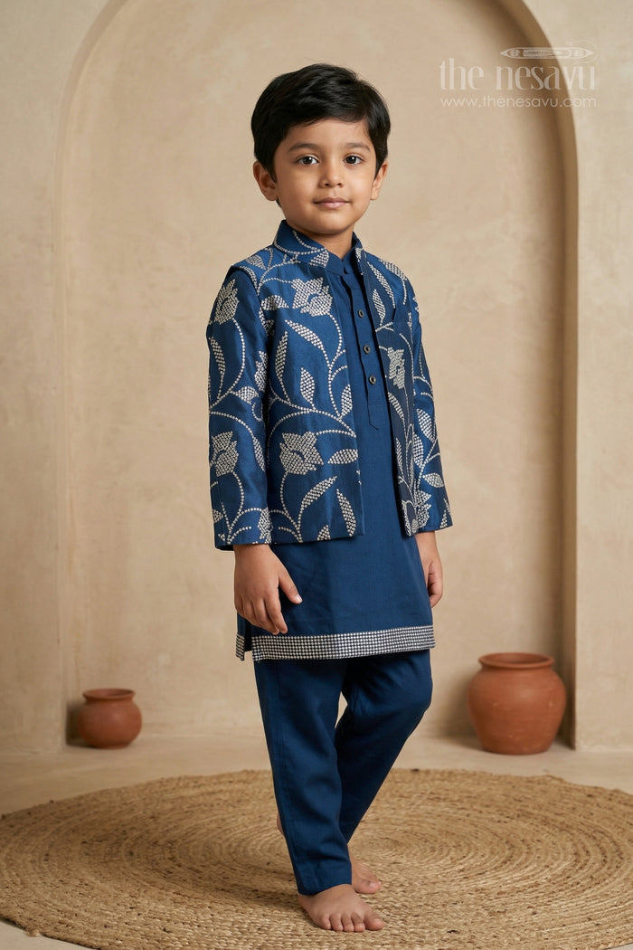 The Nesavu Boys Jacket Sets Boys Festive Kurta Jacket Set for Weddings and Special Occasions Nesavu 16 (1Y) / Blue / Cotton Silk BES960B-16 Nesavu boys silk cotton embroidered kurta jacket set for festive occasions weddings and celebrations
