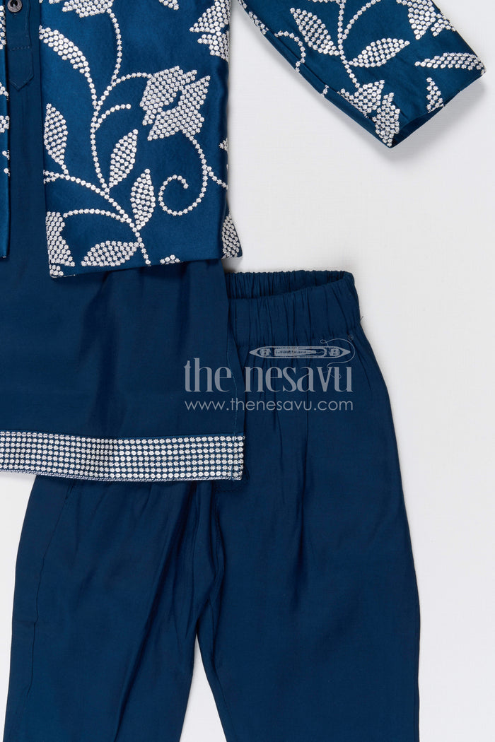 The Nesavu Boys Jacket Sets Boys Festive Kurta Jacket Set for Weddings and Special Occasions Nesavu Nesavu boys silk cotton embroidered kurta jacket set for festive occasions weddings and celebrations