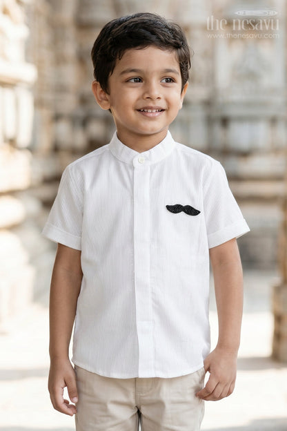 The Nesavu Boys Cotton Shirt Boys Festive Shirt for Celebration Photos Nesavu 16 (1Y) / White / Lurex BS510A-16 Nesavu Boys Festive Shirt For Celebration Photos With Lurex Zari Cotton And Moustache Applique
