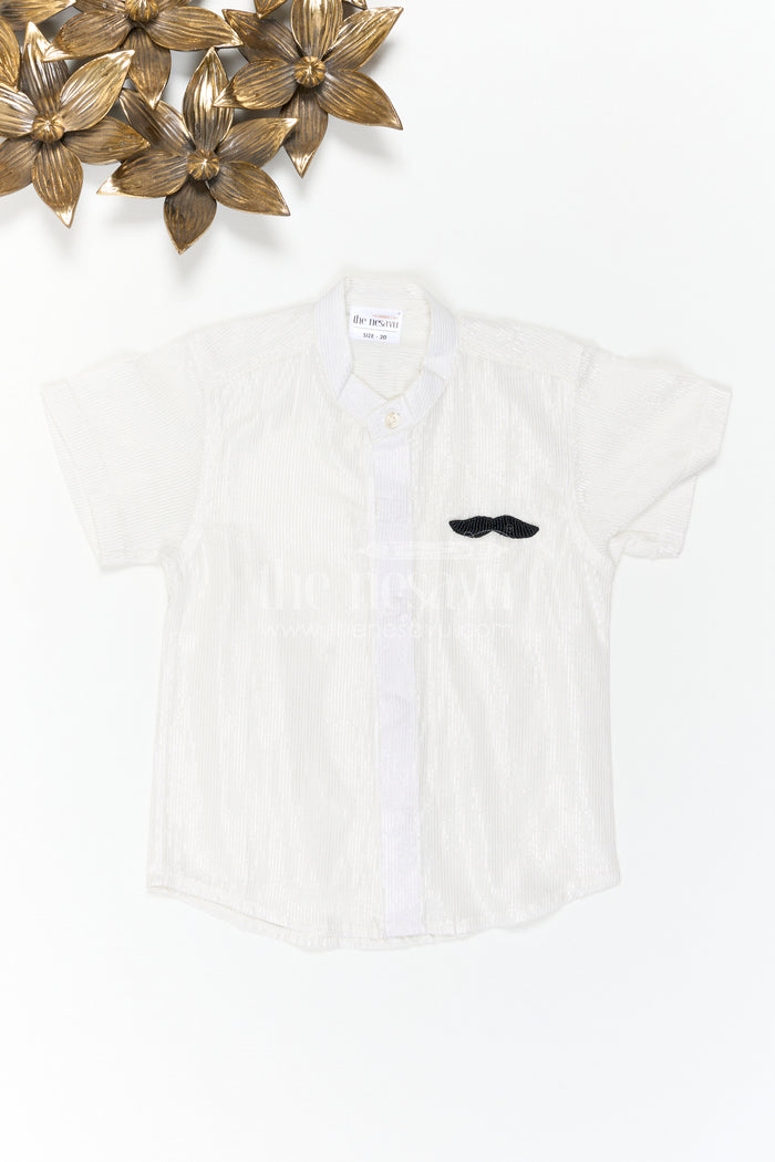 The Nesavu Boys Cotton Shirt Boys Festive Shirt for Celebration Photos Nesavu 16 (1Y) / White / Lurex BS510A-16 Nesavu Boys Festive Shirt For Celebration Photos With Lurex Zari Cotton And Moustache Applique
