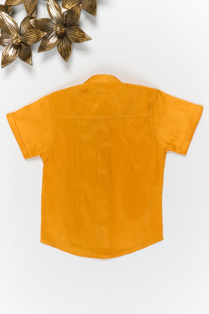 The Nesavu Boys Silk Shirt Boys Festive Silk Shirt for Ethnic School Days and Poojas Nesavu Nesavu boys yellow semi raw silk shirt with tissue stripes for school ethnic day and festive poojas